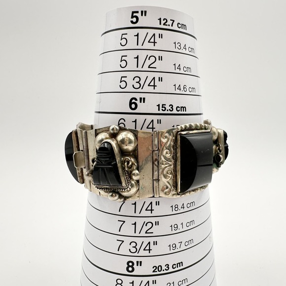 Taxco Mexican Sterling Silver Aztec Panel Bracelet w Hand Carved Onyx Signed JPR - Picture 13 of 13